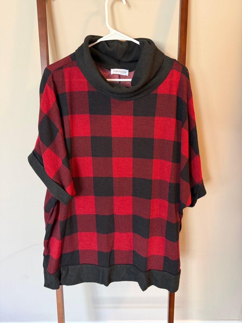 First Love Red and Black Buffalo Plaid Cowl Neck Top